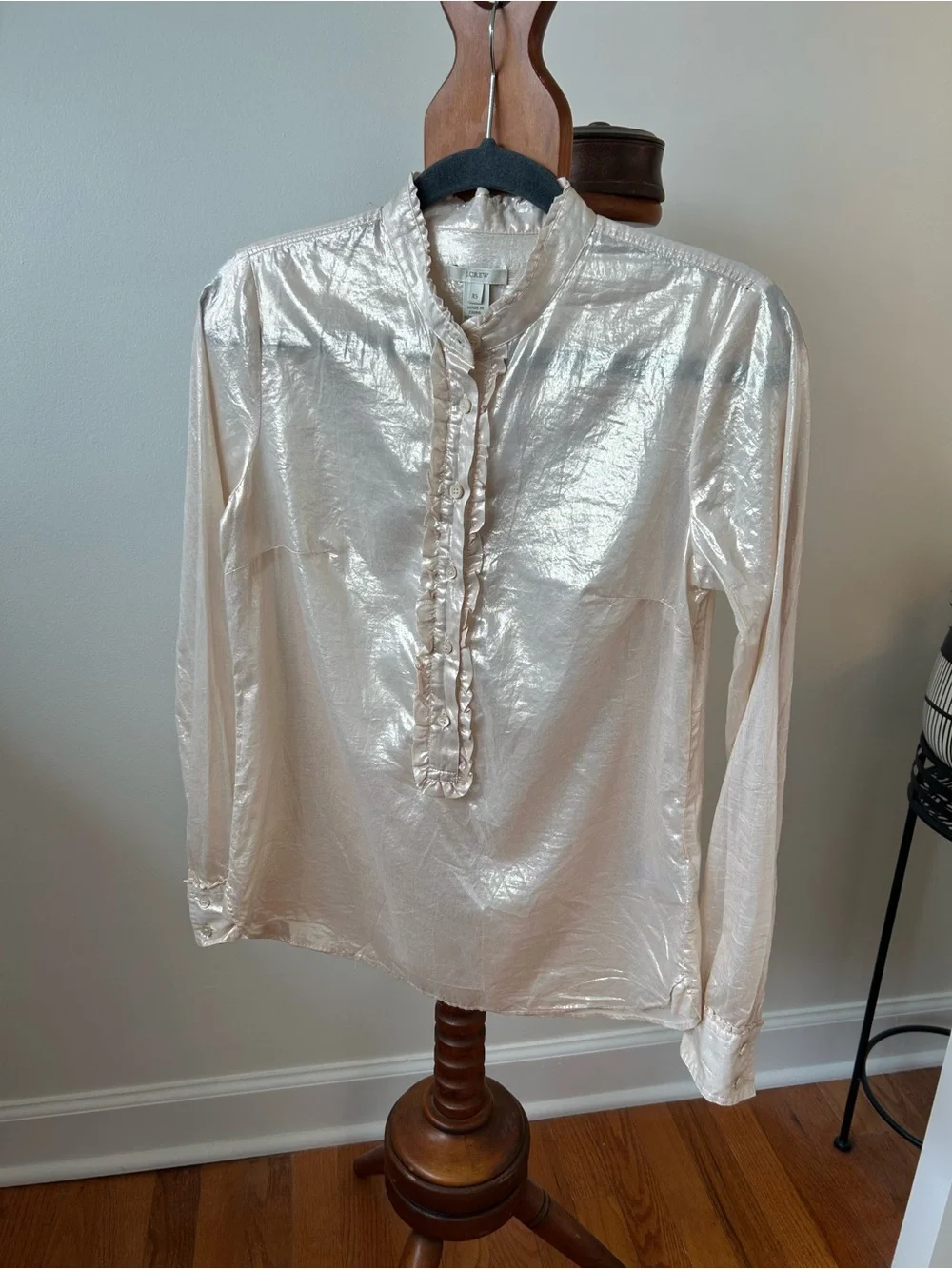 J. Crew Shimmery Champagne Ruffle-Trim Button-Down Top Size XS